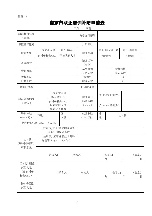 南京市职业培训补贴申请表