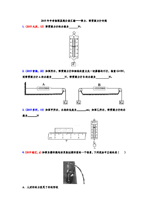2019年中考物理真题分类汇编——弹力、弹簧测力计专题(word版含答案)