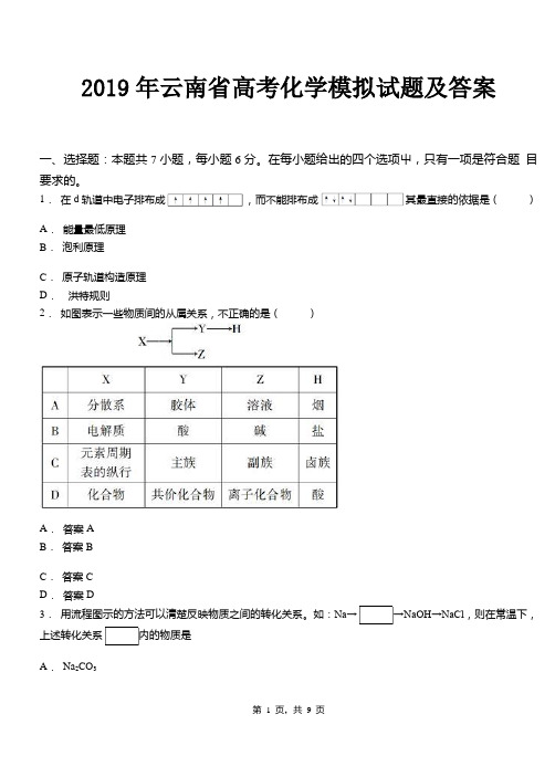 2019年云南省高考化学模拟试题及答案