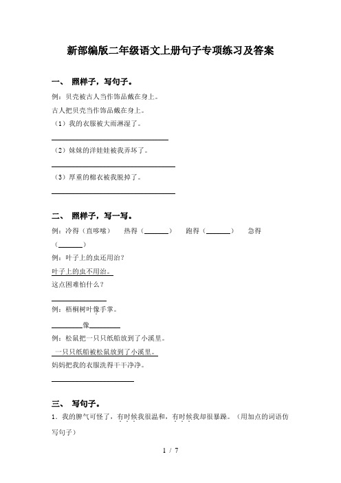 新部编版二年级语文上册句子专项练习及答案