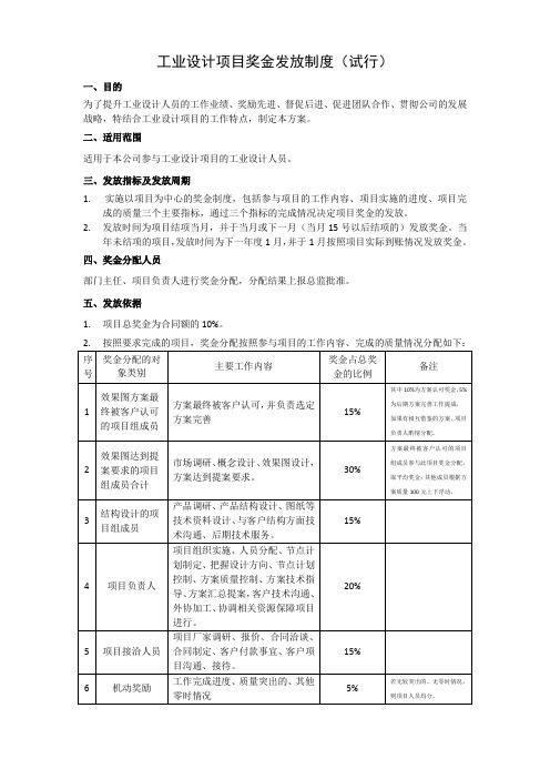 工业设计项目奖金发放制度