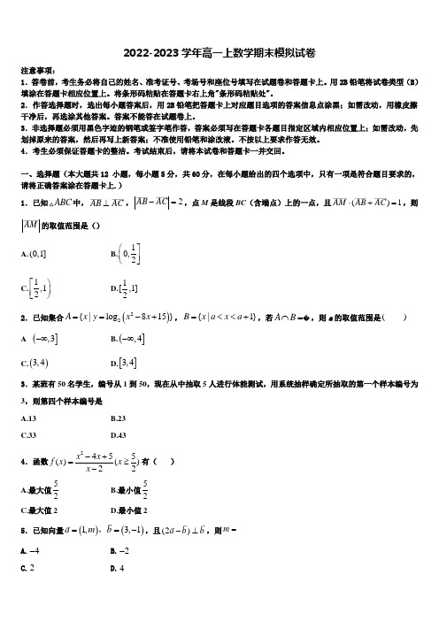 2022-2023学年山东省济宁市达标名校高一数学第一学期期末综合测试模拟试题含解析