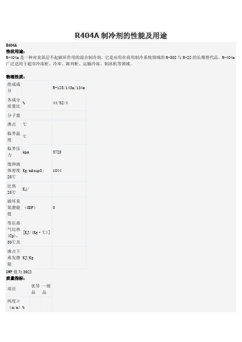 R404A制冷剂的性能及用途