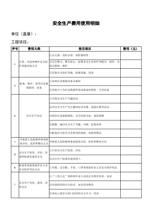 安全费用投入清单