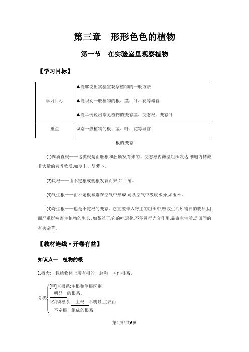 冀少版生物七年级上册1.3.1《在实验室里观察植物》导学案