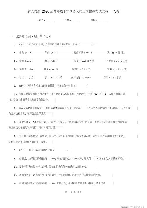 (精品文档)新人教版2020届九年级下学期语文第三次模拟考试试卷A卷