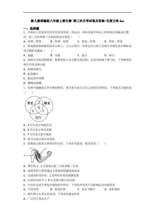 新人教部编版八年级上册生物 第三次月考试卷及答案-百度文库doc