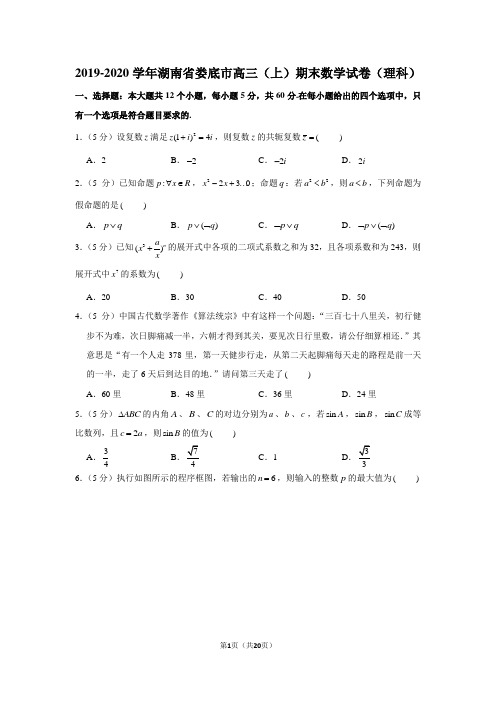 2019-2020学年湖南省娄底市高三(上)期末数学试卷(理科)