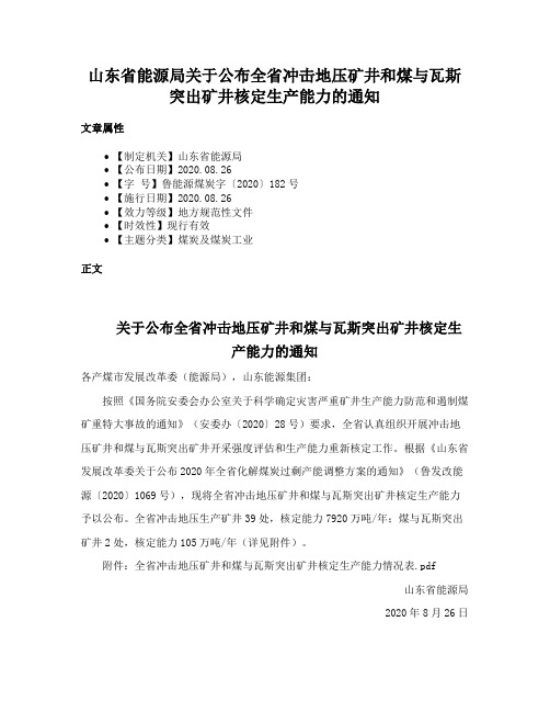 山东省能源局关于公布全省冲击地压矿井和煤与瓦斯突出矿井核定生产能力的通知