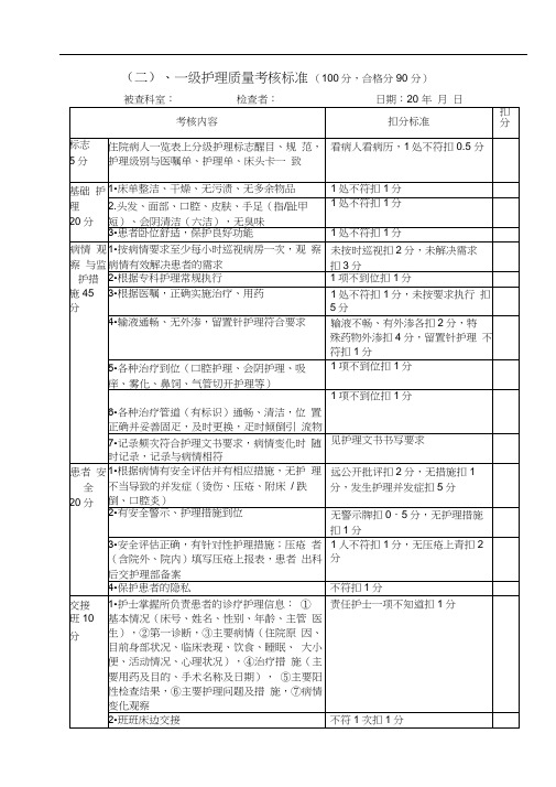 一级护理质量考核标准