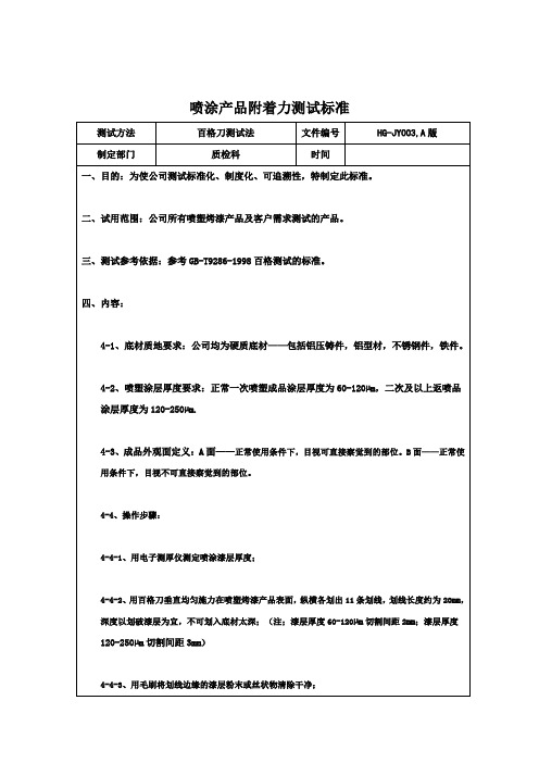 喷涂产品附着力测试标准