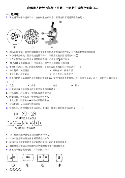 成都市人教版七年级上册期中生物期中试卷及答案.doc