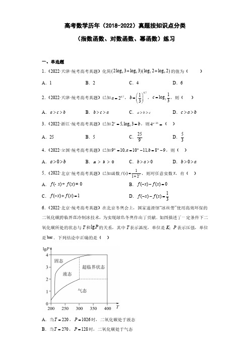 高考数学历年(2018-2022)真题按知识点分类(指数函数、对数函数、幂函数)练习 