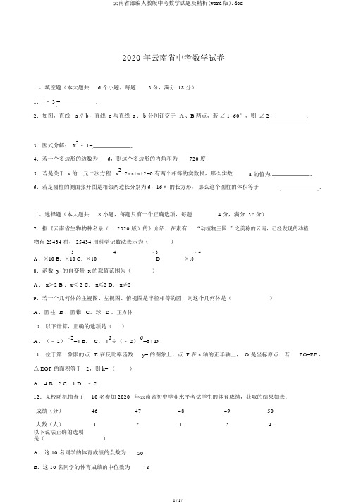 云南省部编人教版中考数学试题及精析(word版).doc