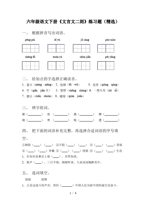 六年级语文下册《文言文二则》练习题(精选)