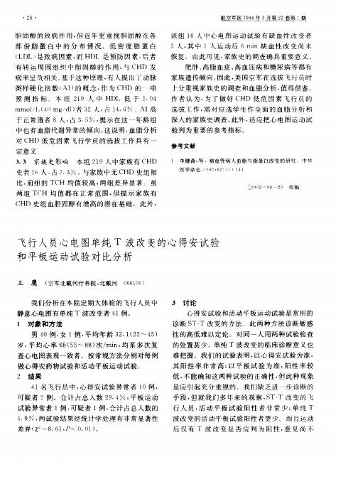 飞行人员心电图单纯T波改变的心得安试验和平板运动试验对比分析