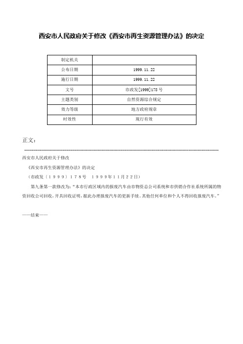 西安市人民政府关于修改《西安市再生资源管理办法》的决定-市政发[1999]178号