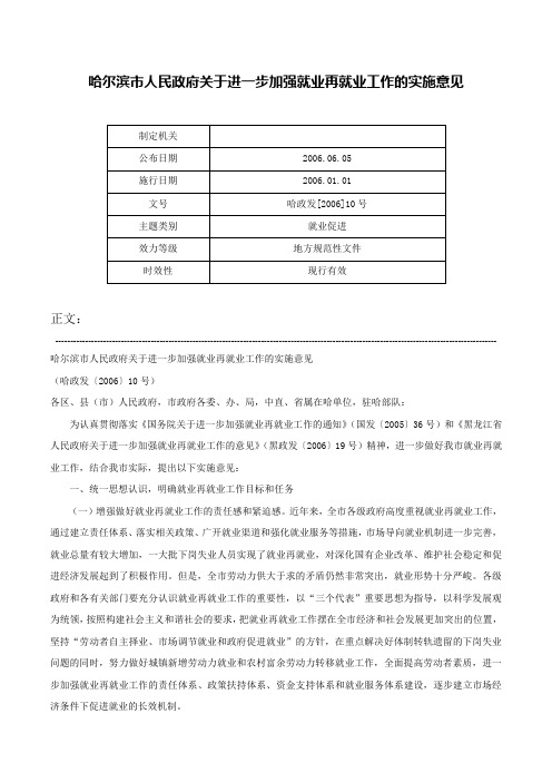 哈尔滨市人民政府关于进一步加强就业再就业工作的实施意见-哈政发[2006]10号