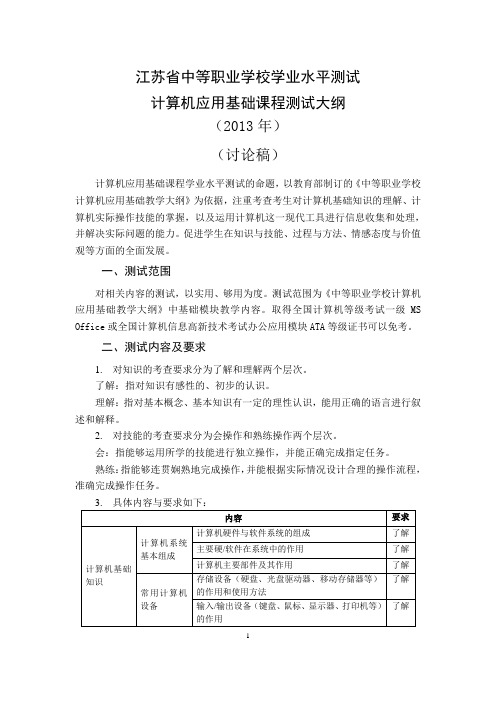 江苏省计算机应用基础学业水平测试考纲