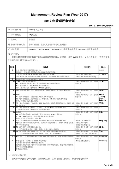 ISO9001：2015管理评审计划