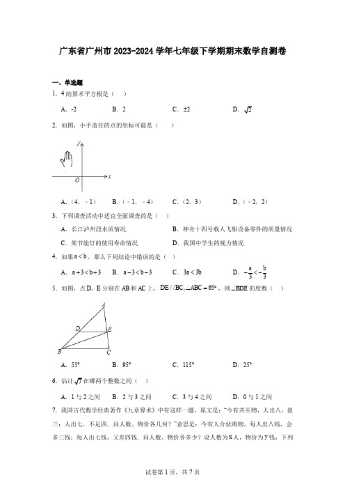 广东省广州市2023-2024学年七年级下学期期末数学自测卷