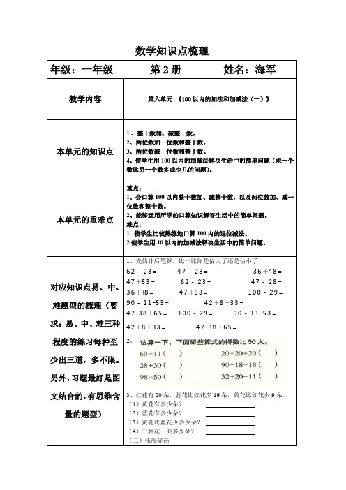 第六单元《100以内的加法和减法(一)》知识点梳理