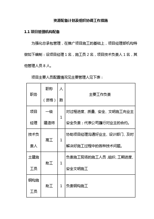 资源配备计划及组织协调工作措施