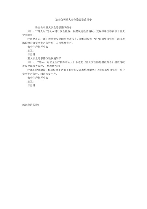 冶金公司重大安全隐患整改指令