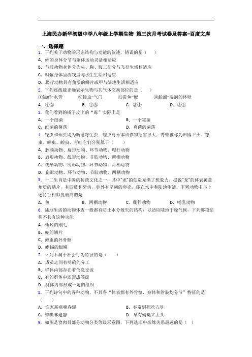 上海民办新华初级中学八年级上学期生物 第三次月考试卷及答案-百度文库