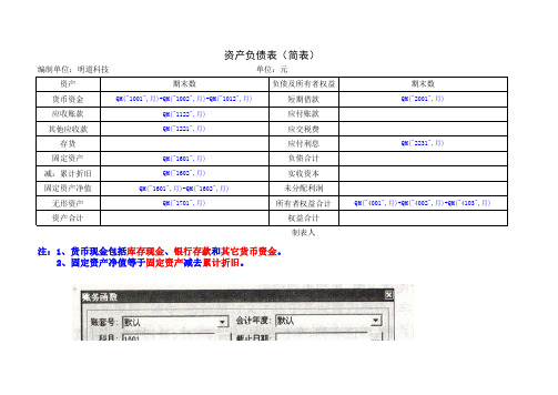 资产负债表(简表)单元格公式