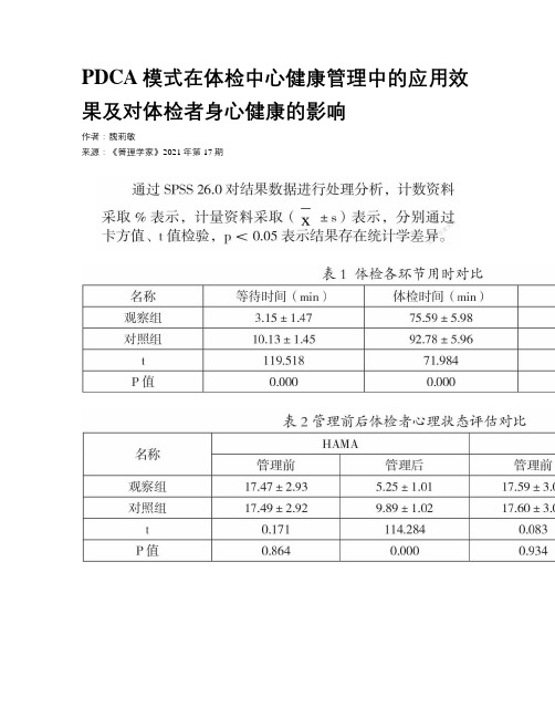 PDCA模式在体检中心健康管理中的应用效果及对体检者身心健康的影响