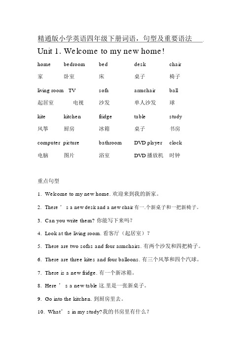 (word完整版)人教精通版小学英语四年级下册重点词语,句型及重要语法.doc