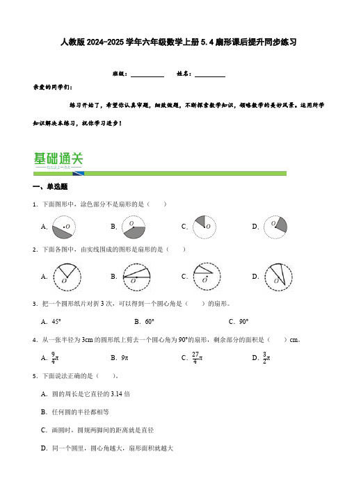 人教版2024-2025学年六年级数学上册5.4扇形课后提升同步练习(含答案)