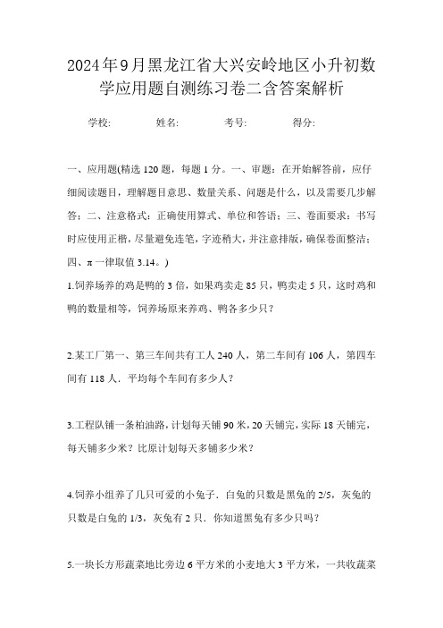 2024年9月黑龙江省大兴安岭地区小升初数学应用题自测练习卷二含答案解析