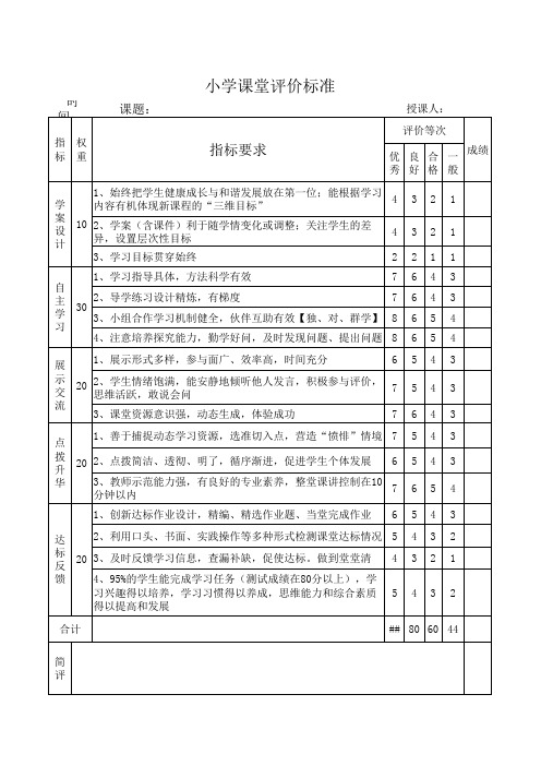 小学高效课堂课堂教学评价标准