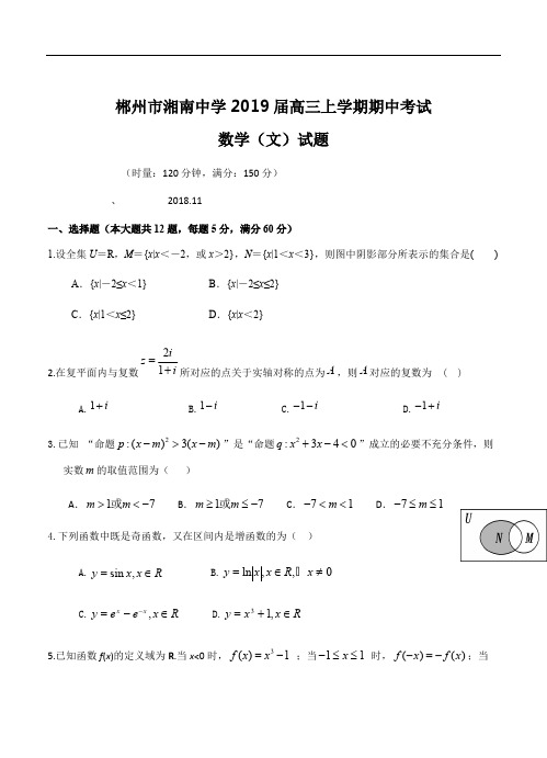 湖南省郴州市湘南中学2019届高三上学期期中考试数学(文)试卷(含答案)