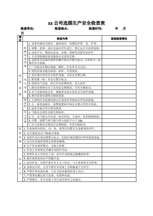 xx公司选煤生产安全检查表