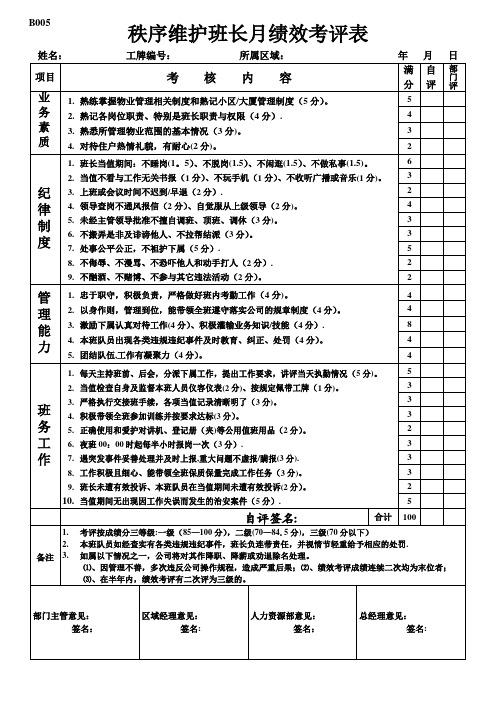 秩序维护班长月绩效考核表