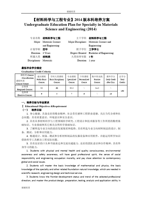 【材料科学与工程专业】2014版本科培养方案.doc