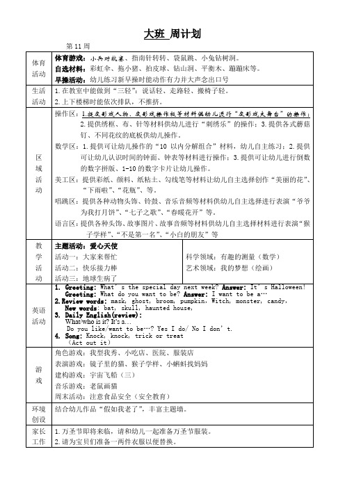 幼儿园大班班级周计划第11周