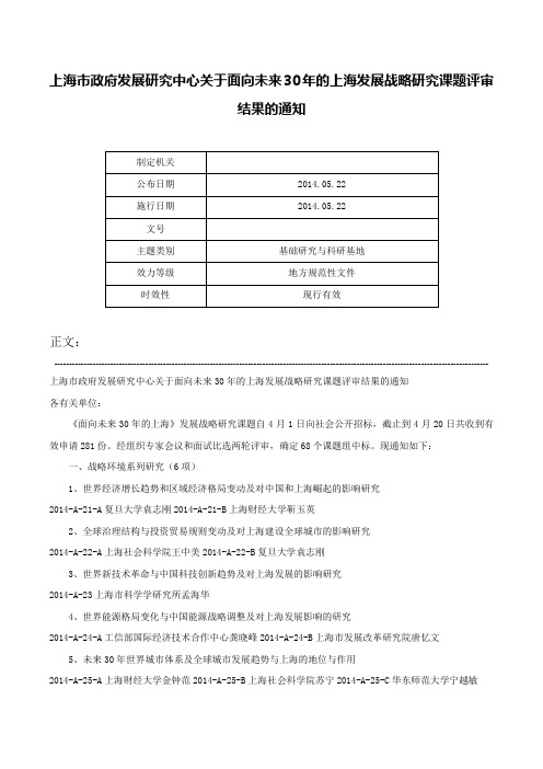 上海市政府发展研究中心关于面向未来30年的上海发展战略研究课题评审结果的通知-