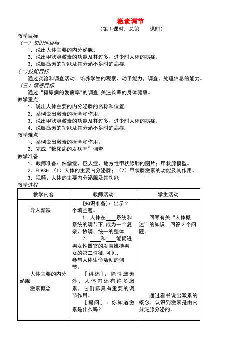 七年级生物下册12.1人体的激素调节教案苏教版(new)