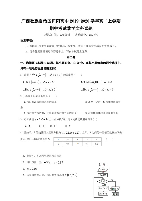 2019-2020学年广西壮族自治区田阳高中高二上学期期中考试数学 