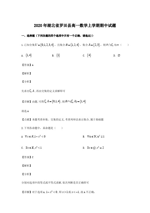 2020年湖北省罗田县高一数学上学期期中试题【含解析】