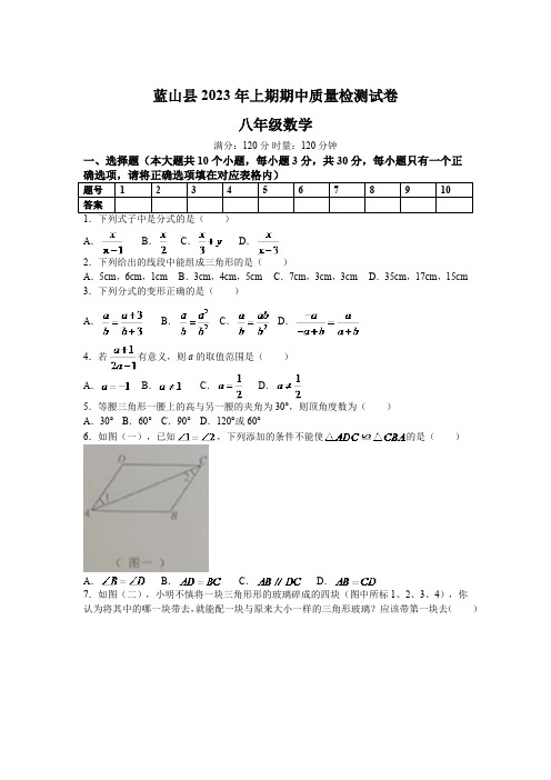 湖南省永州市蓝山县2023-2024学年八年级上学期期中数学试卷(含答案)