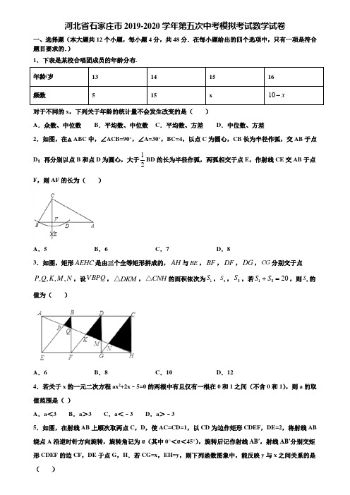 河北省石家庄市2019-2020学年第五次中考模拟考试数学试卷含解析