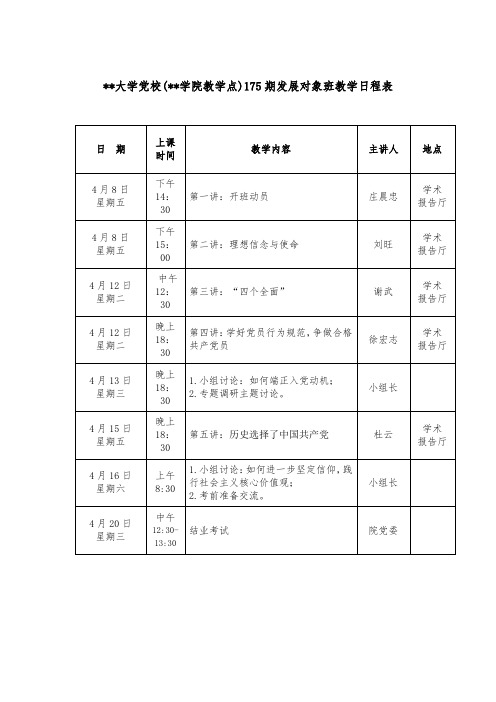 XX大学党校(XX学院教学点)175期发展对象班教学日程表【模板】