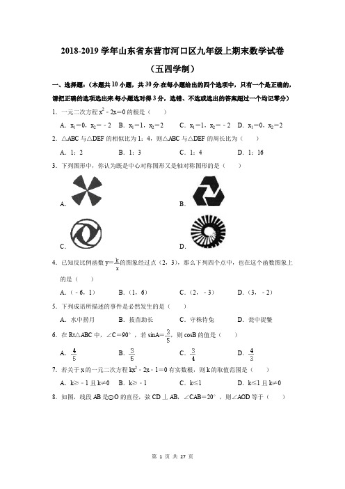 2018-2019学年山东省东营市河口区九年级上期末数学试卷及答案解析(五四学制)