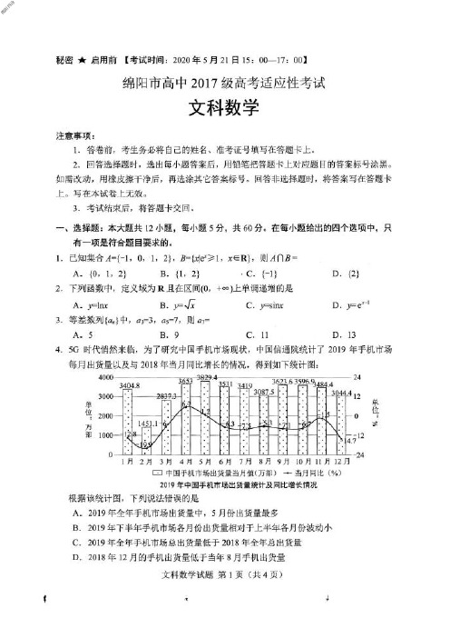 2020年5月21日四川省绵阳市高2020届高三绵阳市高中2017级高考适应性考试绵阳四诊文科数学试题及参考答案