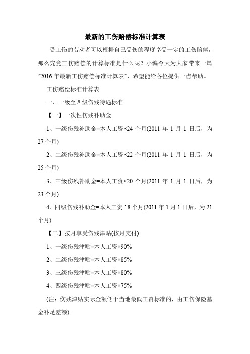 最新的工伤赔偿标准计算表